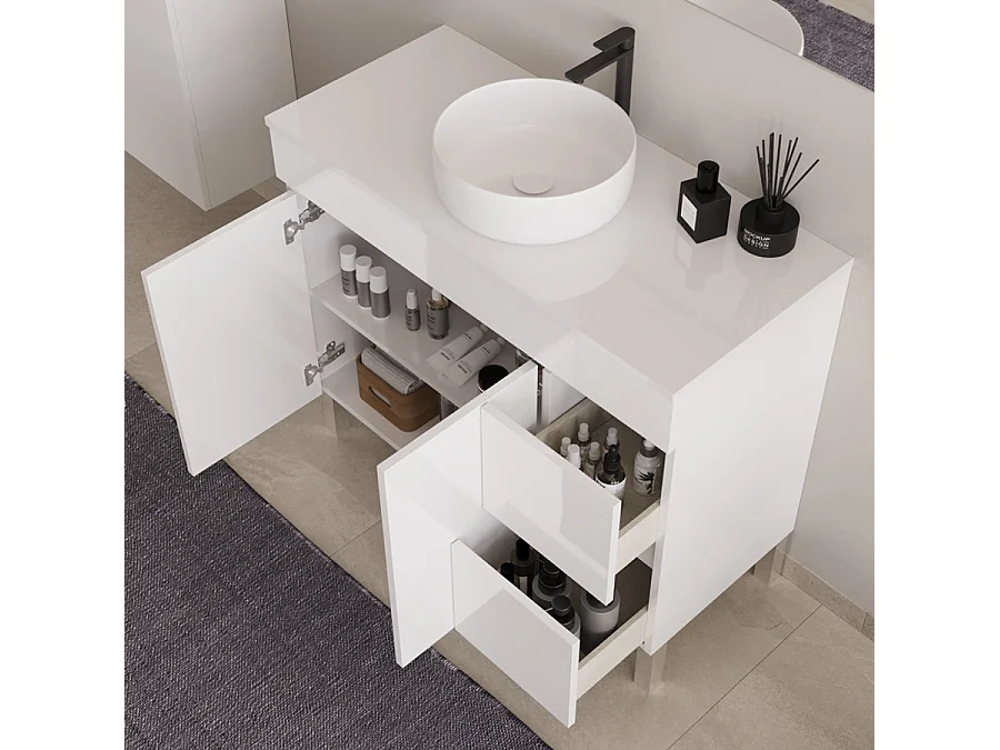 Meuble de salle de bain 100cm sur pieds avec plateau et une cuve à poser ronde - sans miroir - portes et tiroirs - blanc - HARO