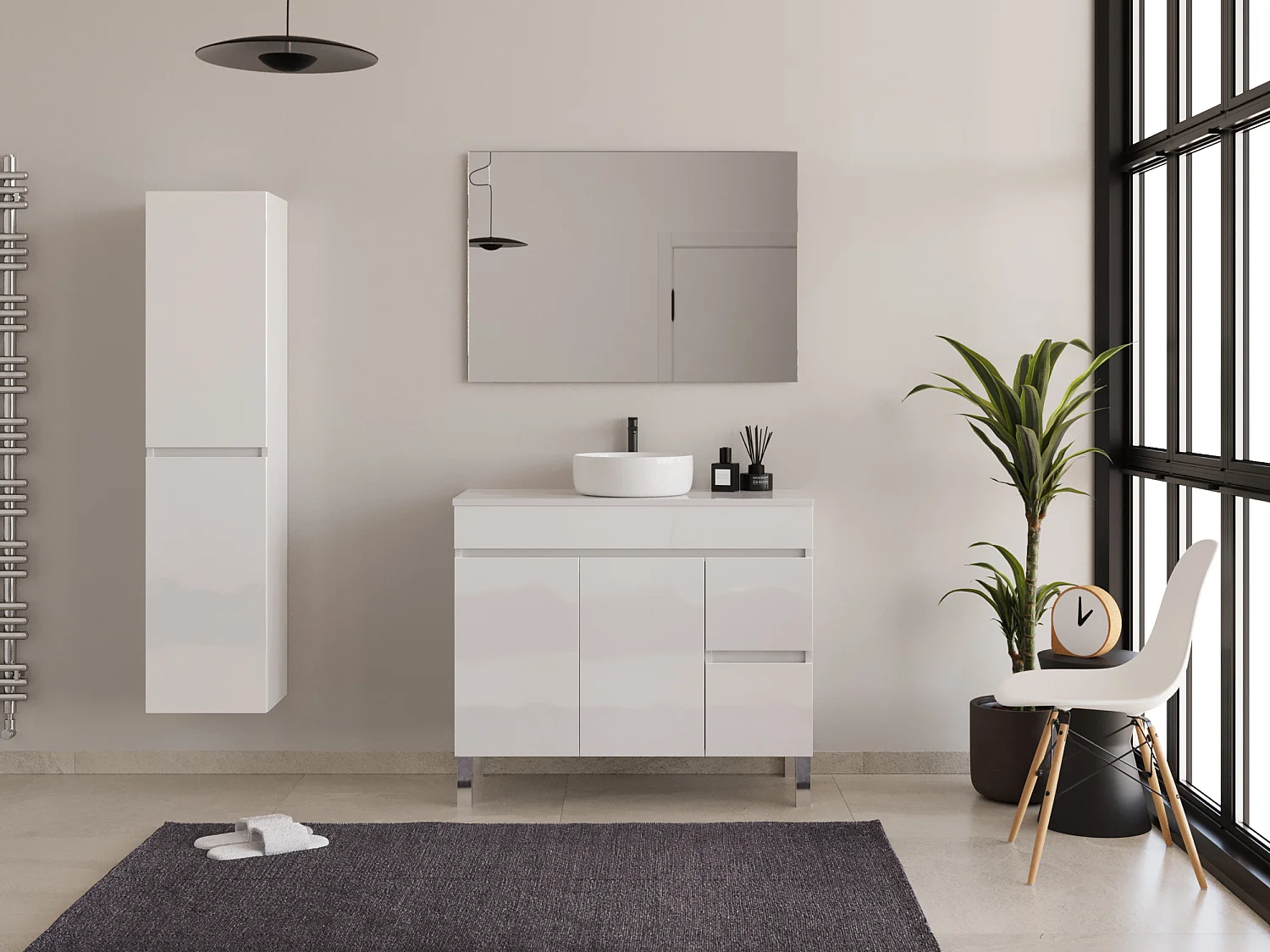 Meuble de salle de bain 100cm sur pieds avec plateau et une cuve à poser ronde - sans miroir - portes et tiroirs - blanc - HARO