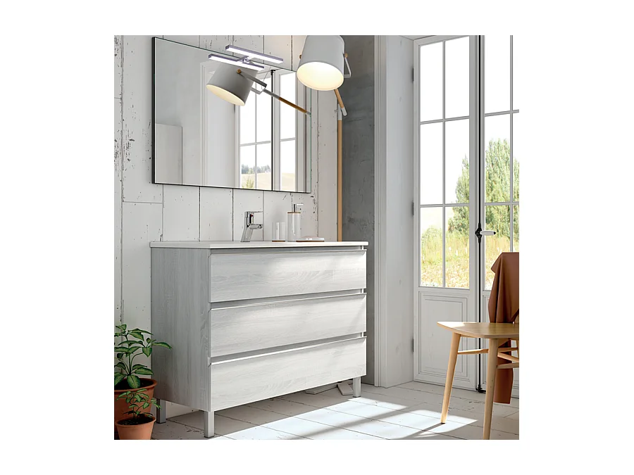 Meuble de salle de bain 100cm simple vasque - 3 tiroirs - PALMA - hibernian (bois blanchi)