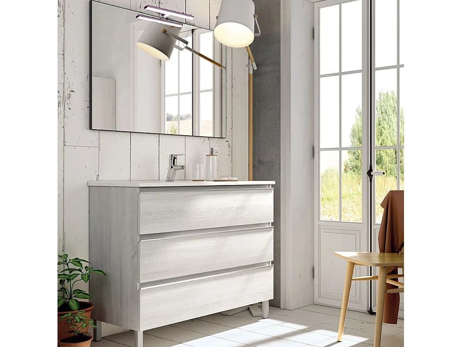 Meuble de salle de bain 100cm simple vasque - 3 tiroirs - PALMA - hibernian (bois blanchi)