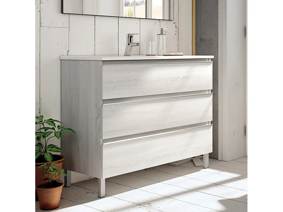 Meuble de salle de bain 100cm simple vasque - 3 tiroirs - PALMA - hibernian (bois blanchi)