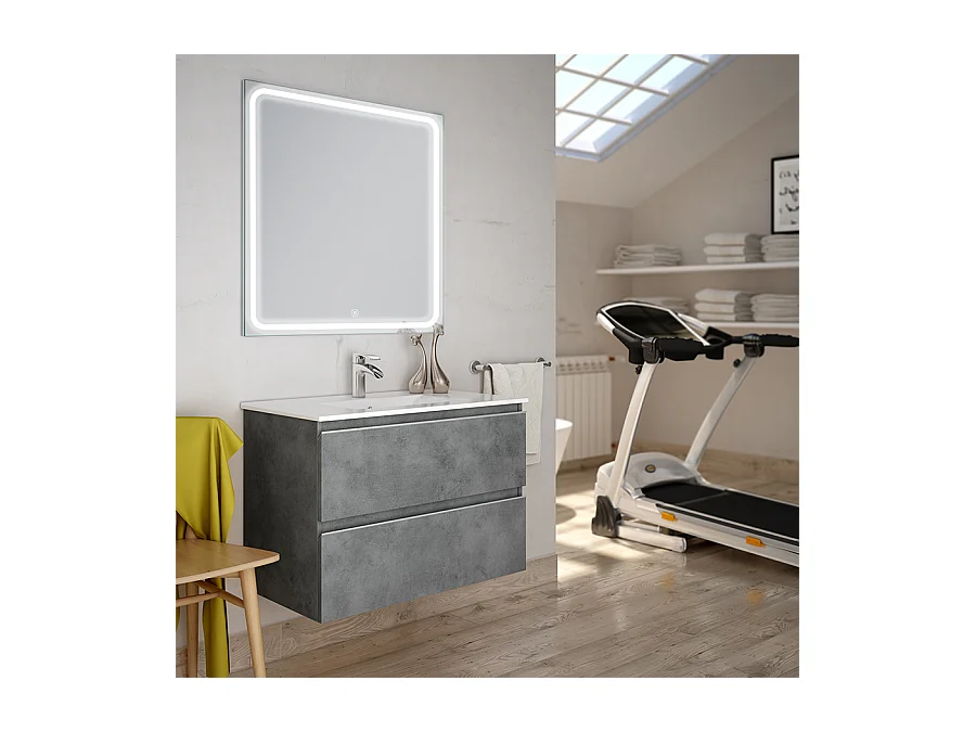 Meuble de salle de bain simple vasque - 2 tiroirs - BALEA et miroir Led VELDI - ciment (gris) - 80cm