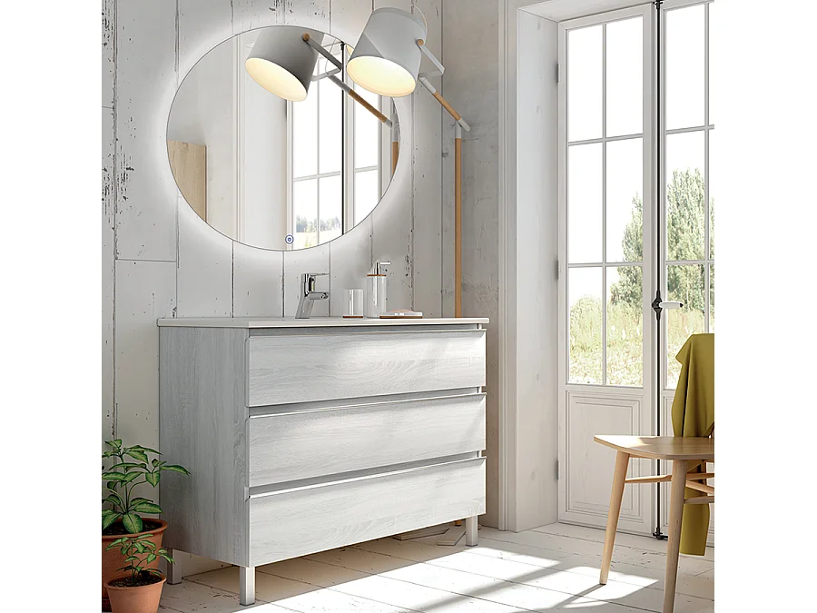 Meuble de salle de bain simple vasque - 3 tiroirs - PALMA et miroir rond Led SOLEN - hibernian (bois blanchi) - 70cm