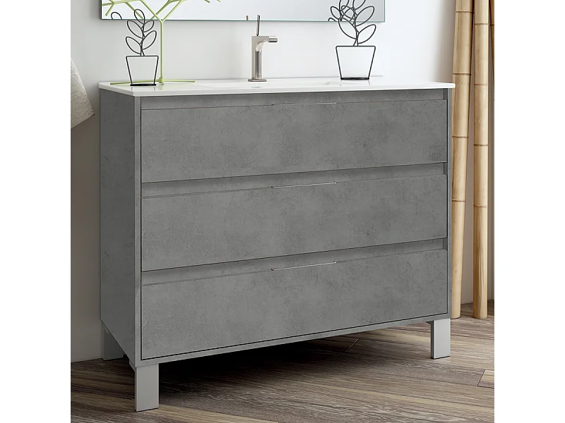 Meuble de salle de bain 80cm simple vasque - 3 tiroirs - sans miroir -  TIRIS 3C - ciment (gris)