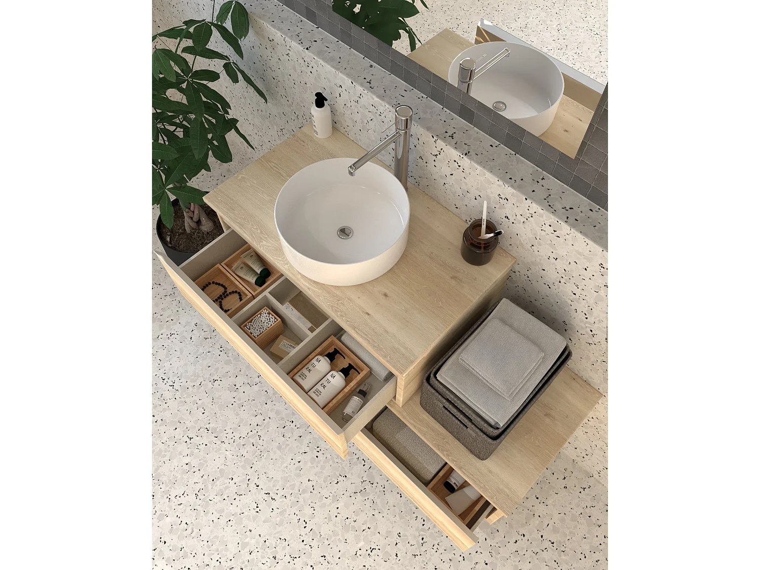Meuble de salle de bain 2 tiroirs avec vasque à poser ronde sans miroir PENA - Bambou (chêne clair) - 120cm