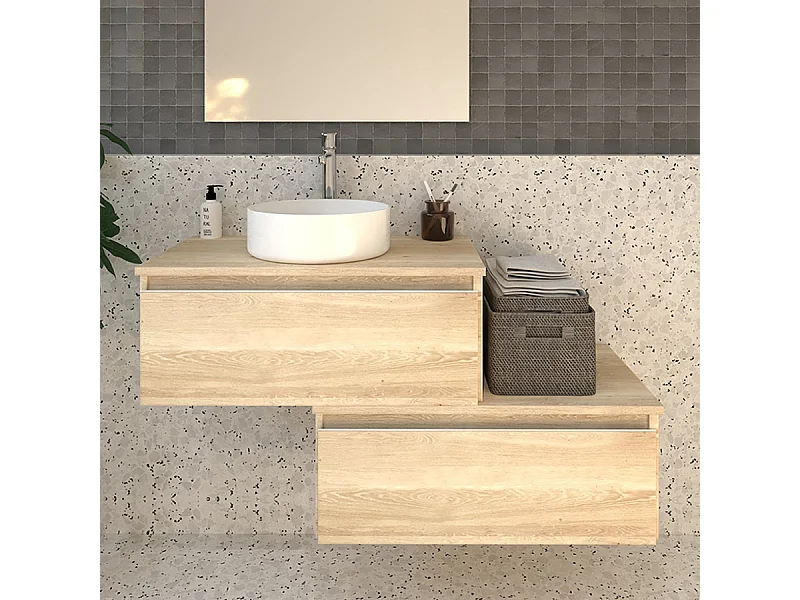 Meuble de salle de bain 2 tiroirs avec vasque à poser ronde sans miroir PENA - Bambou (chêne clair) - 120cm