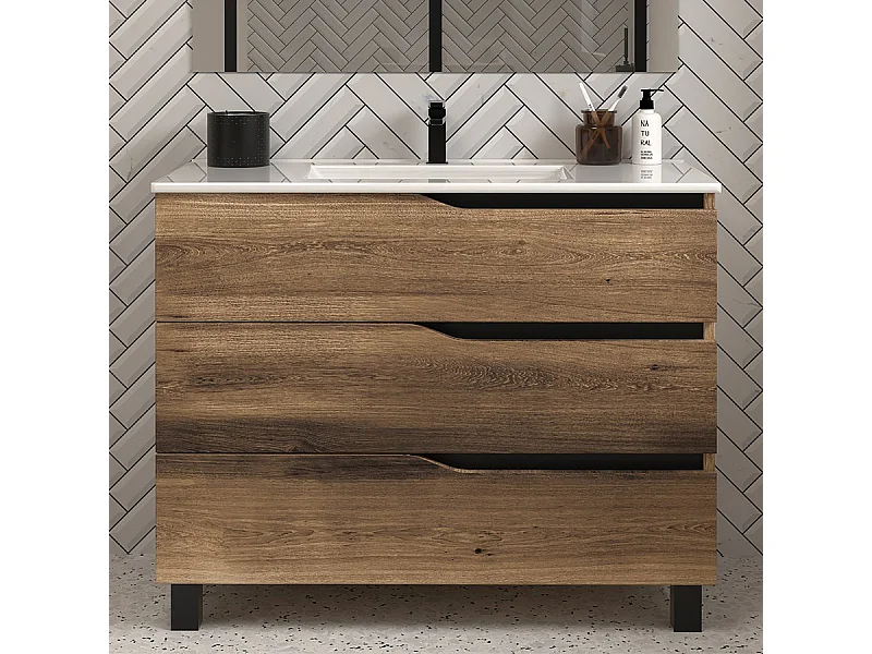 Meuble de salle de bain 100cm simple vasque - sans miroir - 3 tiroirs - tabaco (bois foncé) - MATA