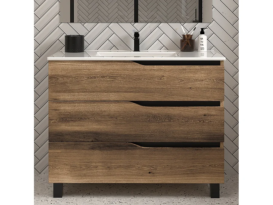 Meuble de salle de bain 100cm simple vasque - sans miroir - 3 tiroirs - tabaco (bois foncé) - MATA