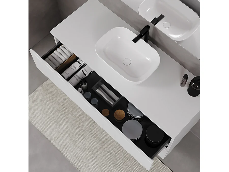 Meuble de salle de bain 120cm avec plateau et vasque à poser zeus - 2 tiroirs - blanc - LUNA