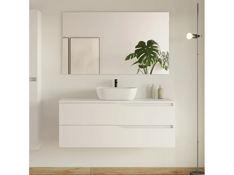 Meuble de salle de bain 120cm avec plateau et vasque à poser zeus - 2 tiroirs - blanc - LUNA