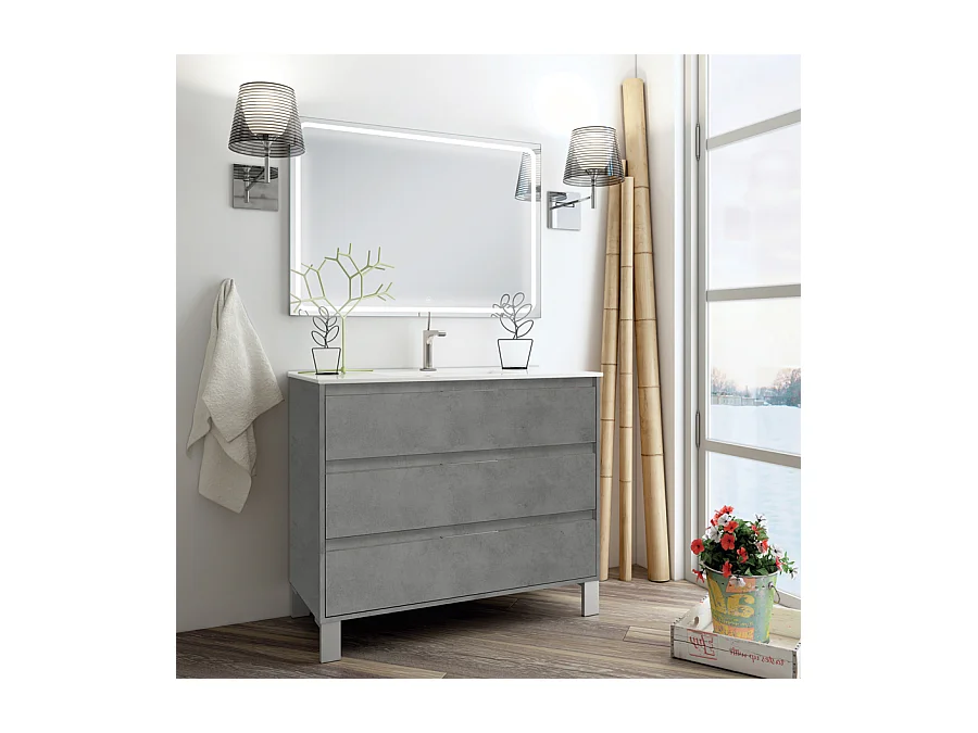 Meuble de salle de bain simple vasque - 3 tiroirs - TIRIS 3C et miroir Led VELDI - ciment (gris) - 100cm