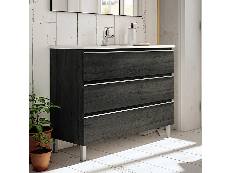 Meuble de salle de bain 60cm simple vasque - 3 tiroirs - sans miroir - PALMA - ebony (bois noir)