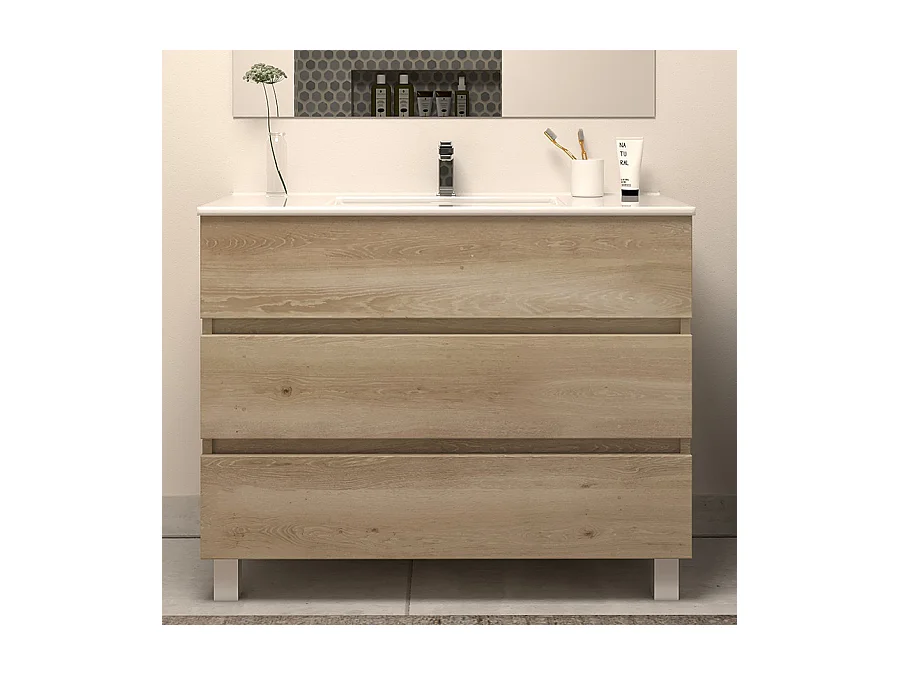 Meuble de salle de bain 100cm simple vasque - sans miroir - 3 tiroirs - nebraska (bois clair) - MAYOR