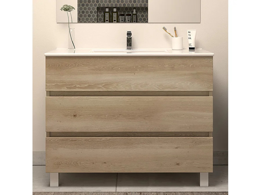 Meuble de salle de bain 100cm simple vasque - sans miroir - 3 tiroirs - nebraska (bois clair) - MAYOR