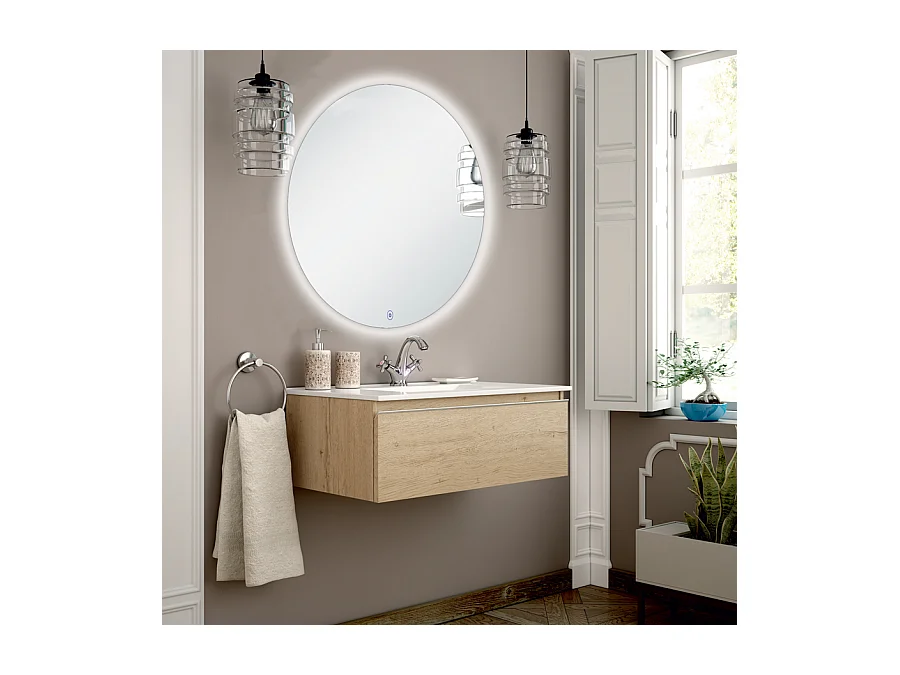 Meuble de salle de bain simple vasque - 1 tiroir - PENA et miroir rond Led SOLEN - bambou (chêne clair) - 80cm