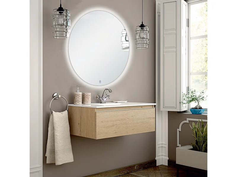 Meuble de salle de bain simple vasque - 1 tiroir - PENA et miroir rond Led SOLEN - bambou (chêne clair) - 80cm