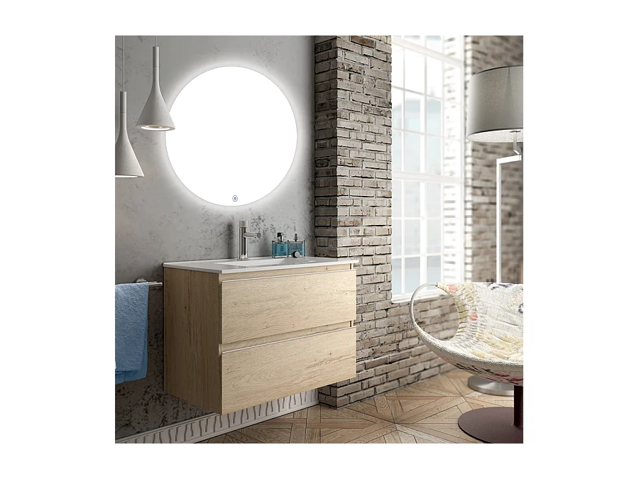 Meuble de salle de bain simple vasque - 2 tiroirs - BALEA et miroir rond Led SOLEN - bambou (chêne clair) - 80cm