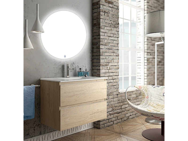Meuble de salle de bain simple vasque - 2 tiroirs - BALEA et miroir rond Led SOLEN - bambou (chêne clair) - 80cm