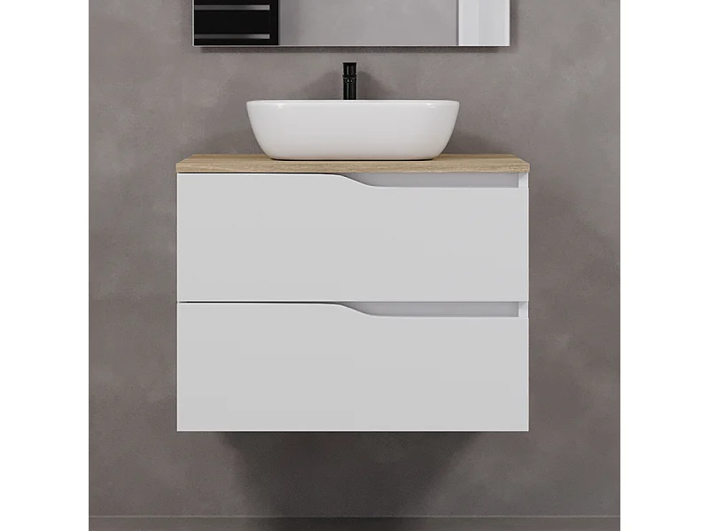 Meuble de salle de bain 90cm avec plateau miel et vasque à poser zeus - 2 tiroirs - sans miroir - blanc - LUNA