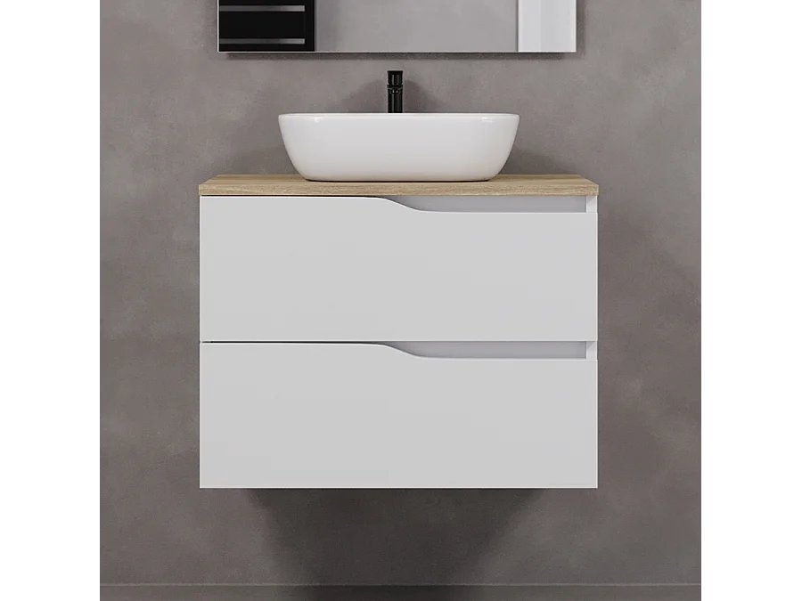 Meuble de salle de bain 90cm avec plateau miel et vasque à poser zeus - 2 tiroirs - sans miroir - blanc - LUNA