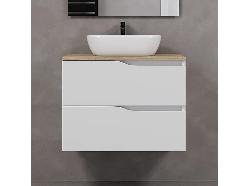 Meuble de salle de bain 90cm avec plateau miel et vasque à poser zeus - 2 tiroirs - sans miroir - blanc - LUNA