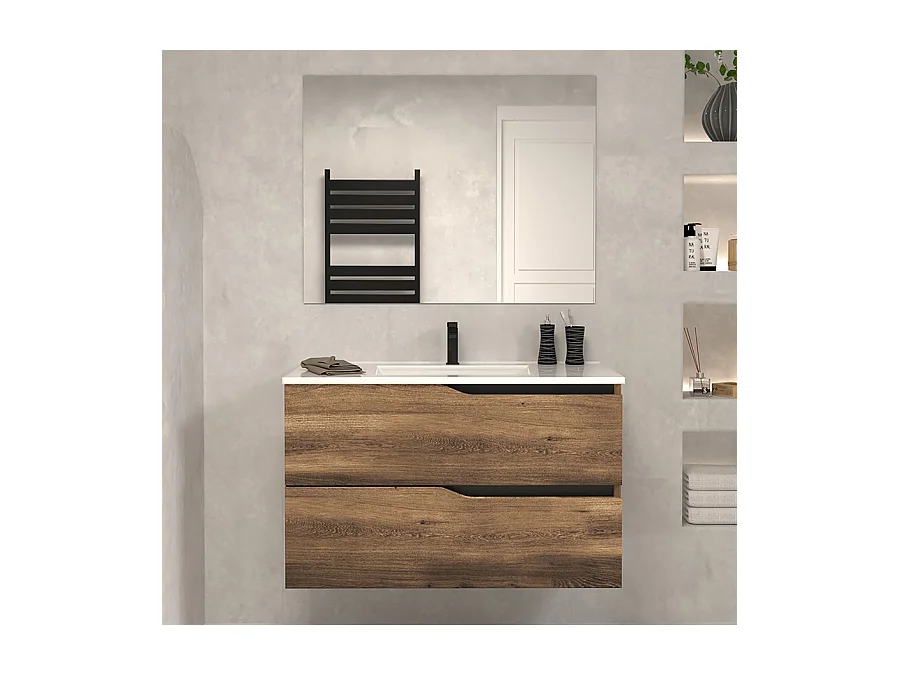 Meuble de salle de bain 80cm simple vasque - 2 tiroirs - tabaco (bois foncé) - LUNA