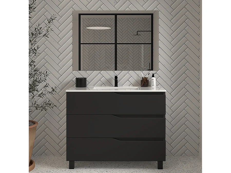 Meuble de salle de bain 90cm simple vasque - 3 tiroirs - noir - MATA