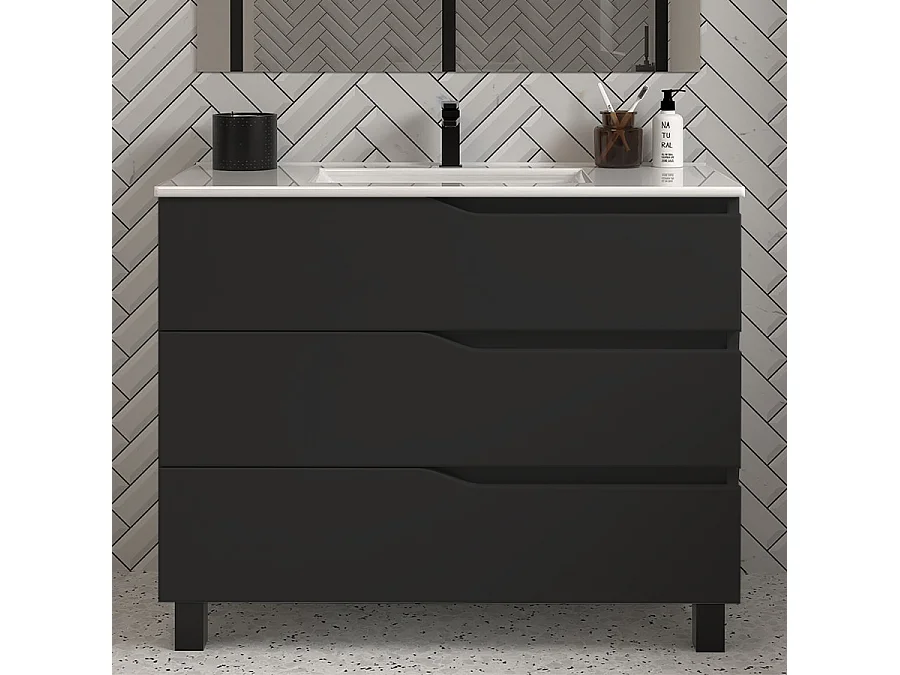 Meuble de salle de bain 90cm simple vasque - 3 tiroirs - noir - MATA