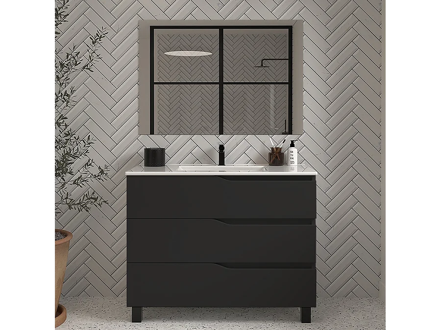Meuble de salle de bain 90cm simple vasque - 3 tiroirs - noir - MATA