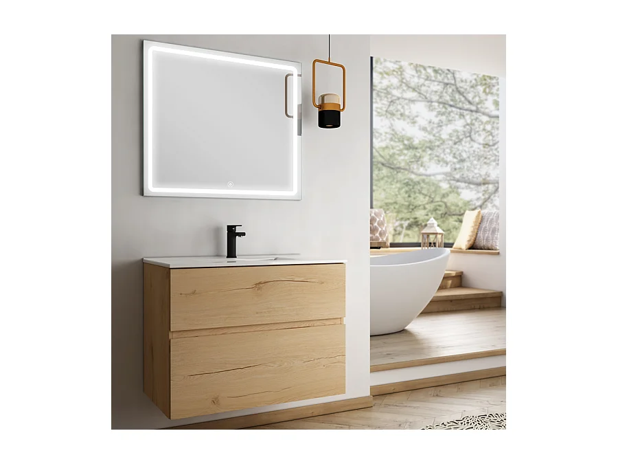 Meuble de salle de bain simple vasque - 2 tiroirs - MIG et miroir Led VELDI - roble (chêne clair) - 70cm