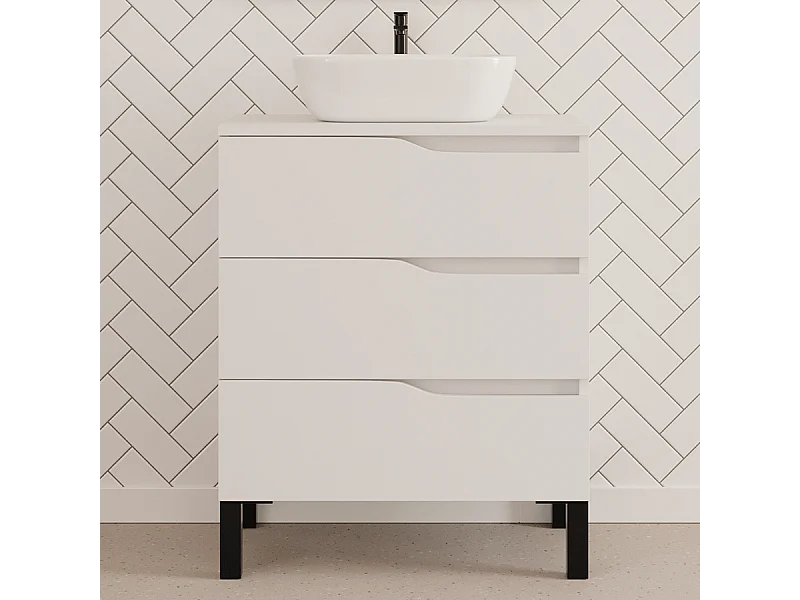 Meuble de salle de bain 60cm avec plateau et vasque à poser zeus - 3 tiroirs - sans miroir - blanc - MATA