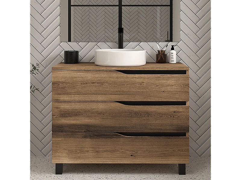 Meuble de salle de bain 70cm avec plateau et vasque à poser - 3 tiroirs - sans miroir - tabaco (bois foncé) - MATA