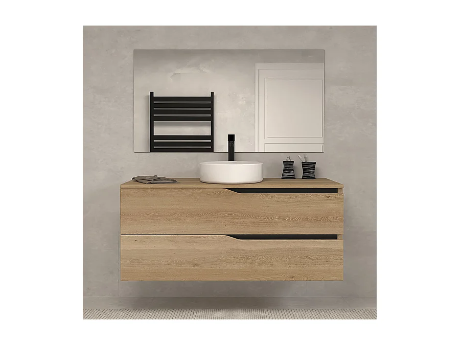 Meuble de salle de bain 120 avec plateau et vasque à poser - 2 tiroirs - madera miel (bois clair) - LUNA