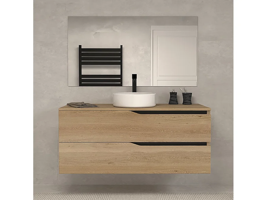 Meuble de salle de bain 120 avec plateau et vasque à poser - 2 tiroirs - madera miel (bois clair) - LUNA