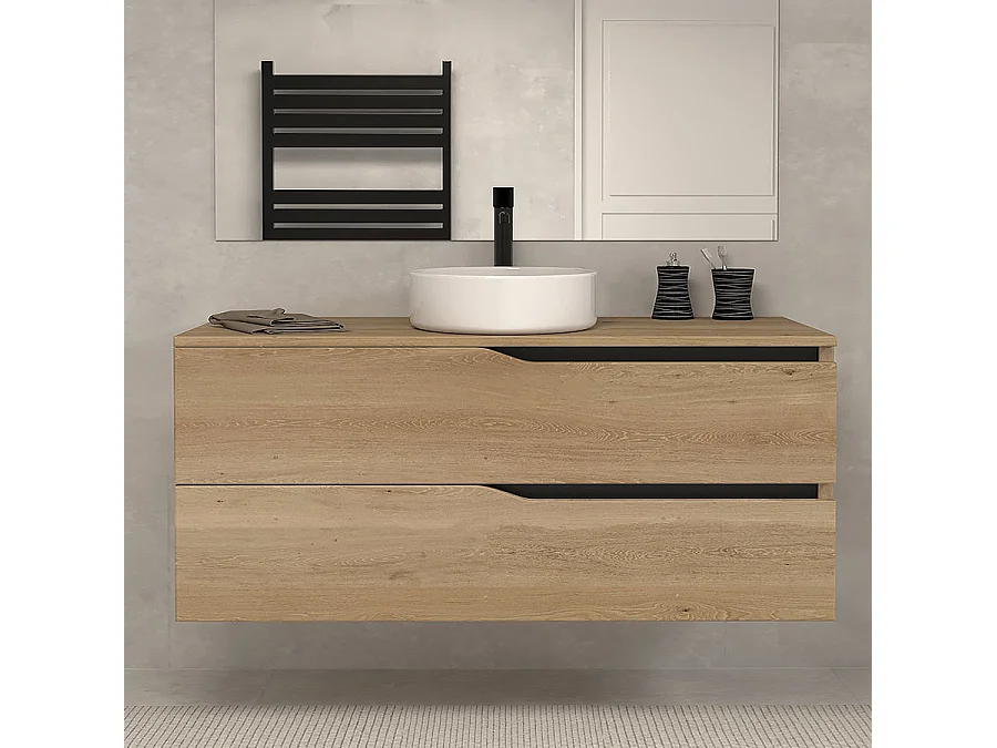 Meuble de salle de bain 120 avec plateau et vasque à poser - 2 tiroirs - madera miel (bois clair) - LUNA