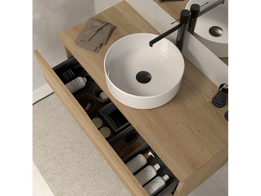 Meuble de salle de bain 120 avec plateau et vasque à poser - 2 tiroirs - madera miel (bois clair) - LUNA