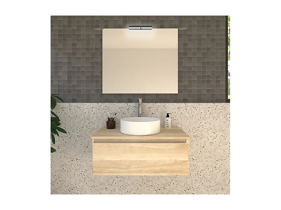 Meuble de salle de bain 1 tiroir avec vasque à poser ronde PENA et miroir avec applique - Bambou (chêne clair) - 80cm