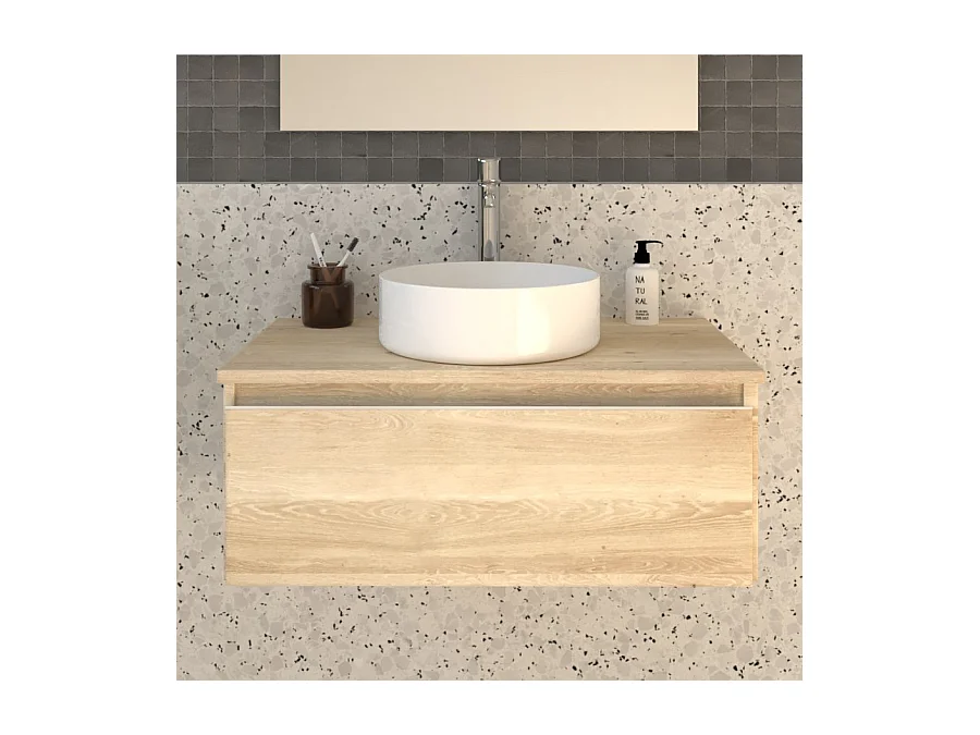 Meuble de salle de bain 1 tiroir avec vasque à poser ronde PENA et miroir avec applique - Bambou (chêne clair) - 80cm