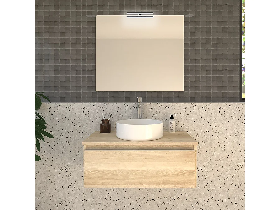 Meuble de salle de bain 1 tiroir avec vasque à poser ronde PENA et miroir avec applique - Bambou (chêne clair) - 80cm
