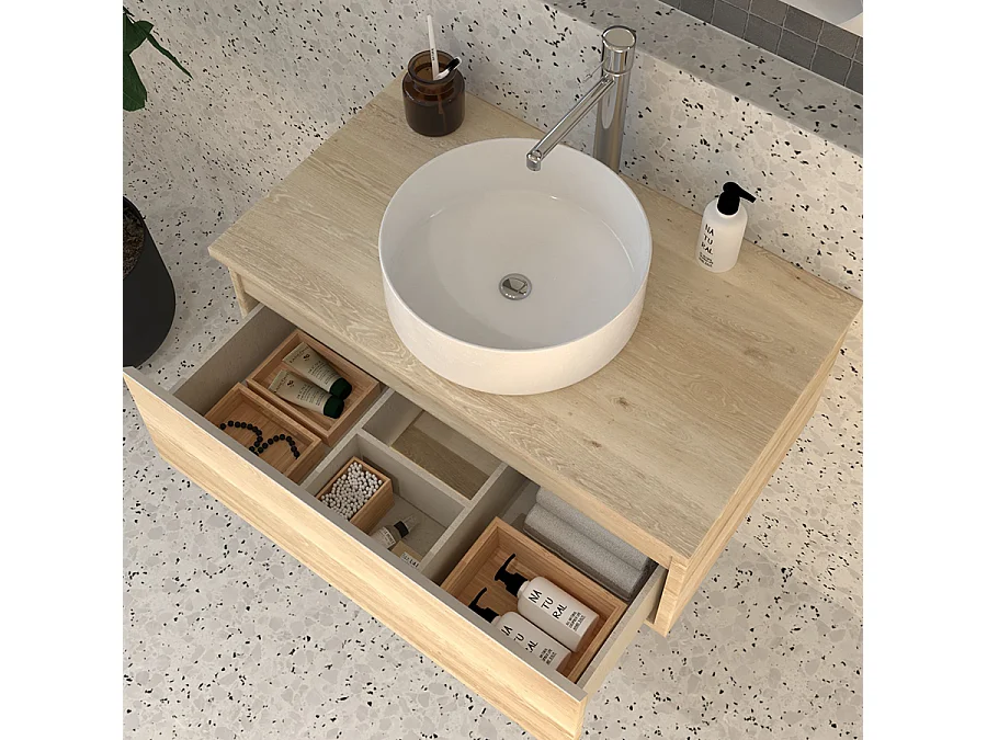 Meuble de salle de bain 1 tiroir avec vasque à poser ronde PENA et miroir avec applique - Bambou (chêne clair) - 80cm