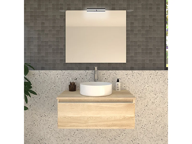 Meuble de salle de bain 1 tiroir avec vasque à poser ronde PENA et miroir avec applique - Bambou (chêne clair) - 80cm