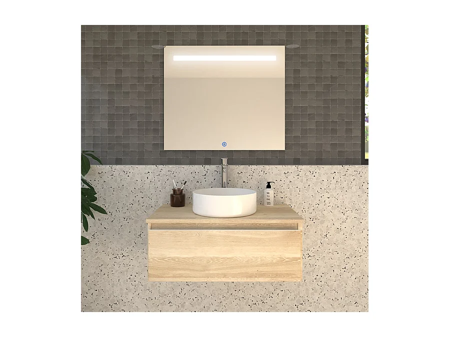 Meuble de salle de bain 1 tiroir avec vasque à poser ronde PENA et miroir Led STAM - Bambou (chêne clair) - 80cm