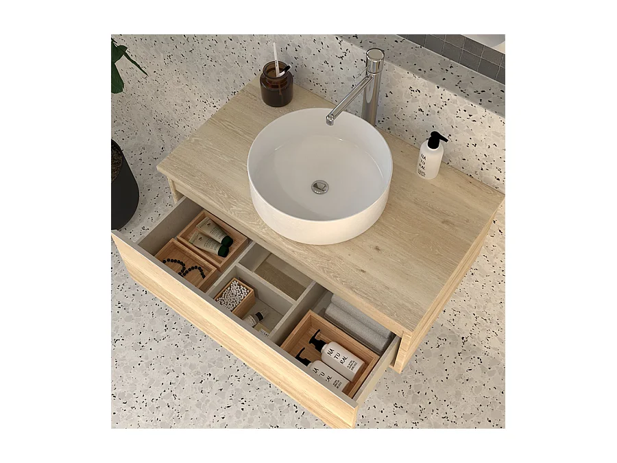 Meuble de salle de bain 1 tiroir avec vasque à poser ronde PENA et miroir Led STAM - Bambou (chêne clair) - 80cm