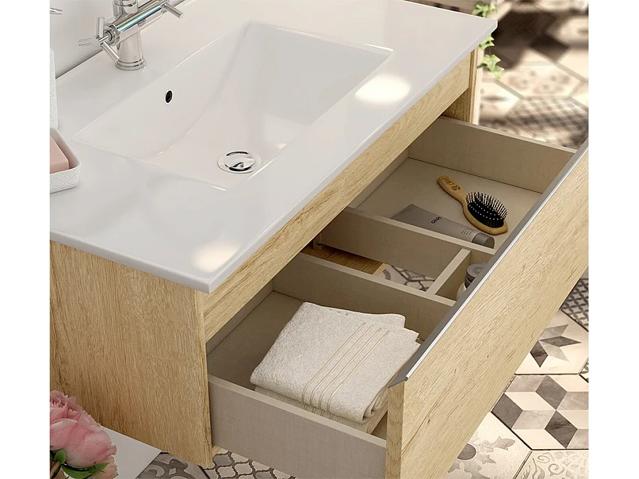 Meuble de salle de bain 1 tiroir avec vasque à poser ronde PENA et miroir Led STAM - Bambou (chêne clair) - 80cm