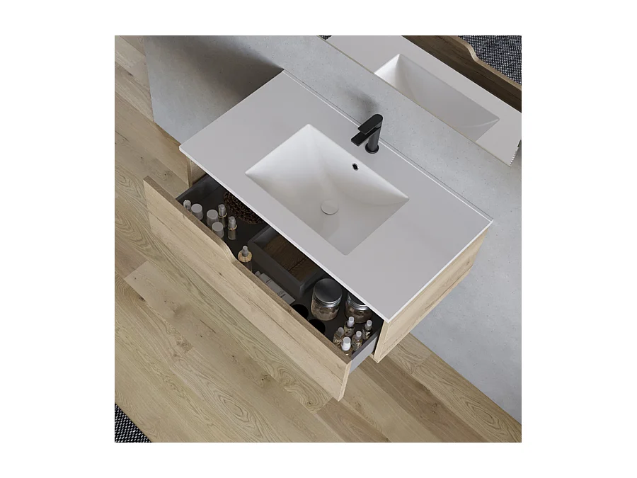 Meuble de salle de bain 80cm avec plan simple vasque - 1 tiroir - madera miel (chêne clair) - CADIX