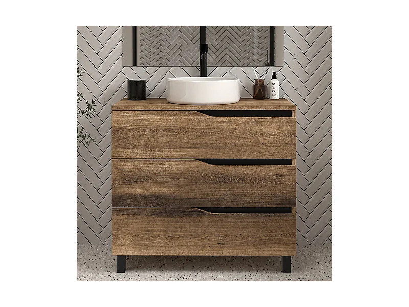 Meuble de salle de bain 60 avec plateau et vasque à poser - sans miroir - 3 tiroirs - tabaco (bois foncé) - MATA