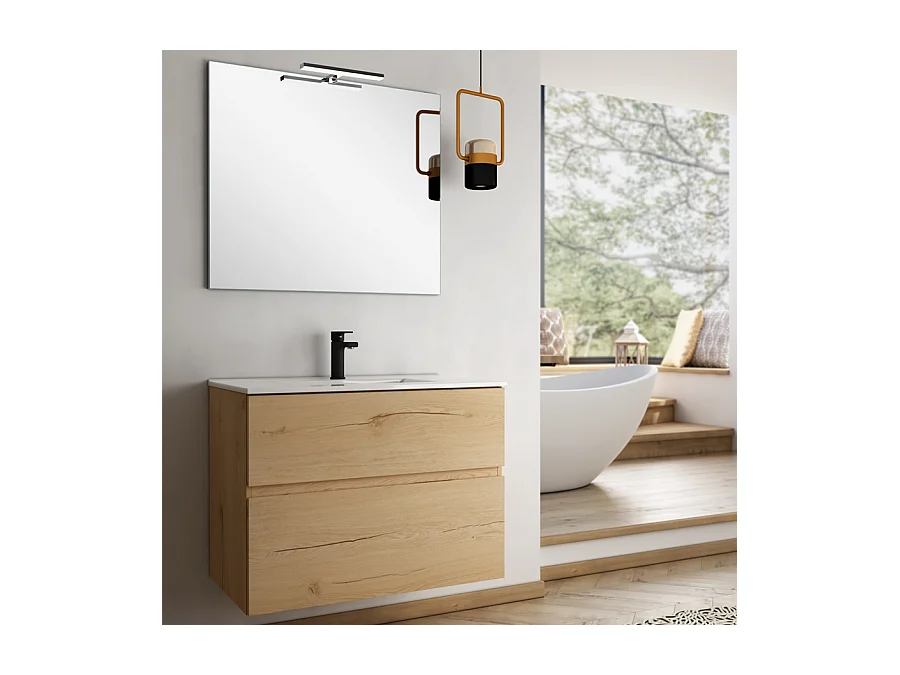 Ensemble meuble de salle de bain 100cm simple vasque + colonne de rangement MIG - roble (chêne clair)