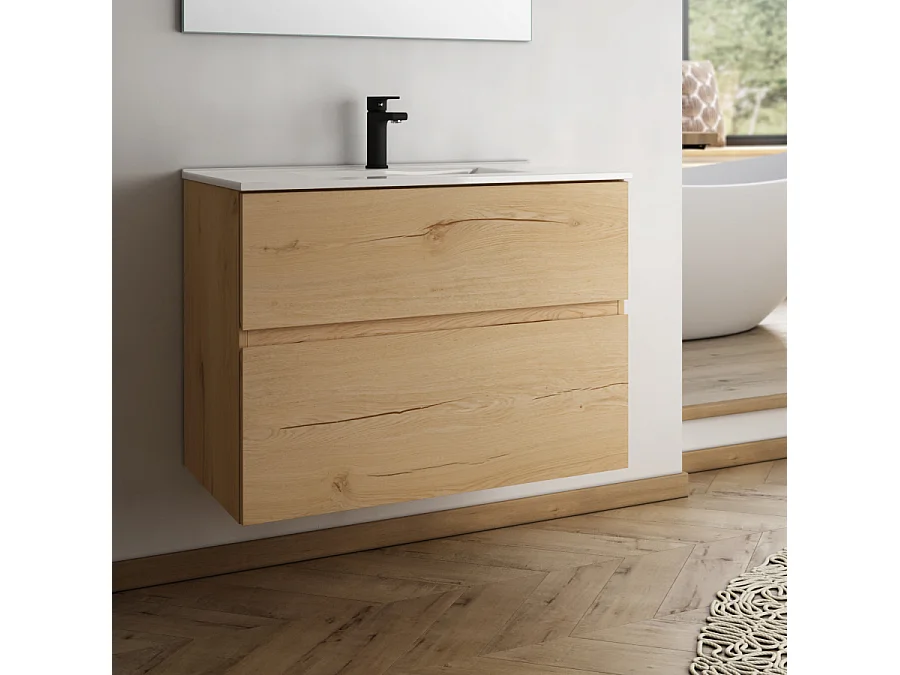 Ensemble meuble de salle de bain 100cm simple vasque + colonne de rangement MIG - roble (chêne clair)