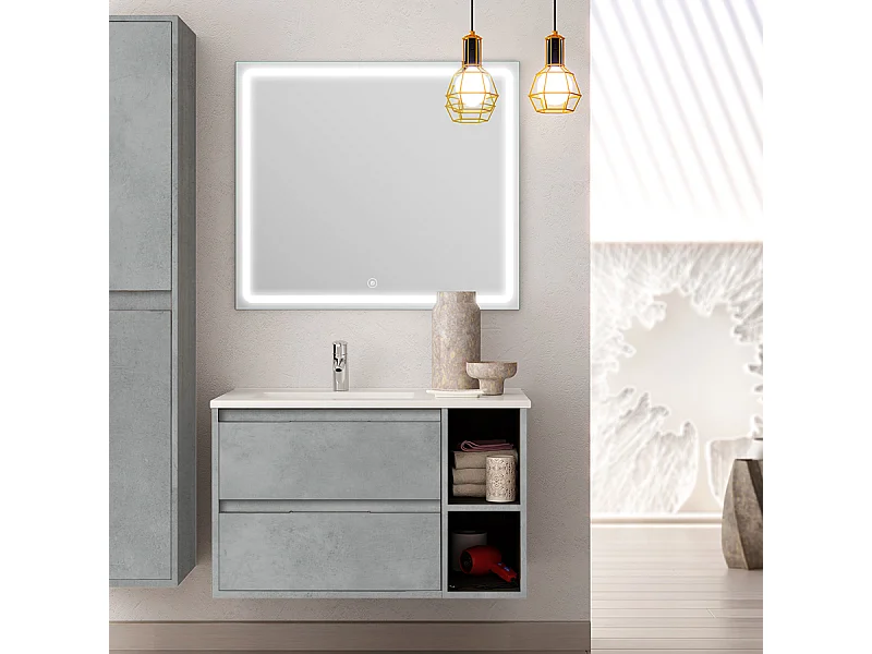 Meuble de salle de bain vasque déportée 2 tiroirs OLYMPE et miroir Led VELDI - ciment (gris) - 80cm