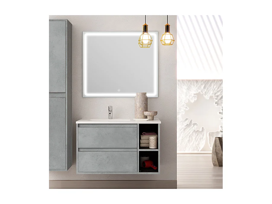 Meuble de salle de bain vasque déportée 2 tiroirs OLYMPE et miroir Led VELDI - ciment (gris) - 80cm